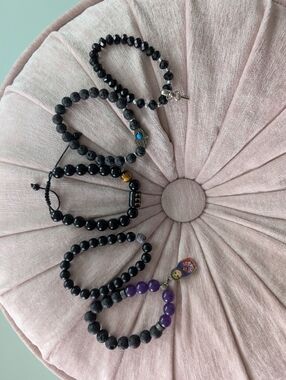 Set of Black Beaded Crystal & Volcano Rock Bracelets with Accent Charms